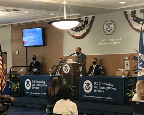 Secretary Ross participated in a special naturalization ceremony to swear-in 40 new American citizens, representing 23 countries at the U.S. Citizenship and Immigration Service in Oakland Park, Florida. 