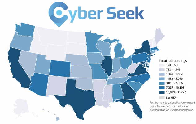 A map of the United States showing the number of cybersecurity job postings by state.