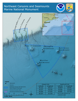 Map of the Northeast Canyons and Seamounts Marine National Monument in the Northwest Atlantic Ocean