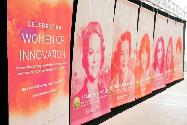 Display featuring women inventors in the atrium of the USPTO headquarters in Alexandria, VA