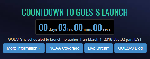 Countdown clock for the launch of NOAA’s GOES-S satellite