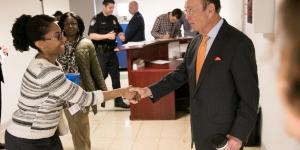 Secretary Ross greets an employee on his first day as Secretary of Commerce