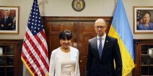 Secretary Pritzker and Ukraine Prime Minister Arseniy Yatsenyuk posed before their official meeting began.