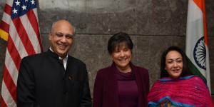 U.S. Secretary of Commerce Penny Pritzker poses with Mr. Sidharth Birla and Dr. Jyotsna Suri.